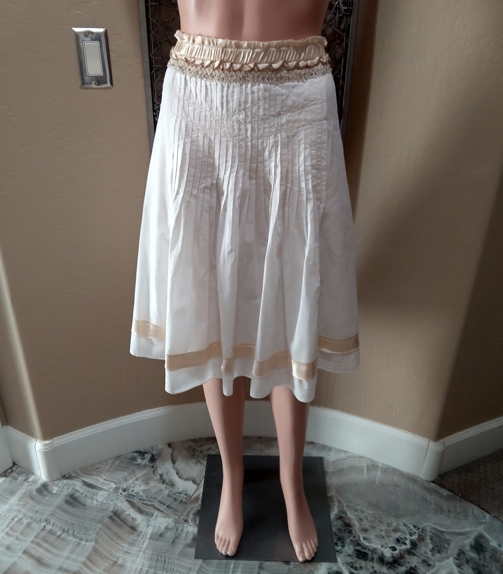 Ashley B White Pleated Full Midi Skirt with Gold Satin Trim and Sequin Detail